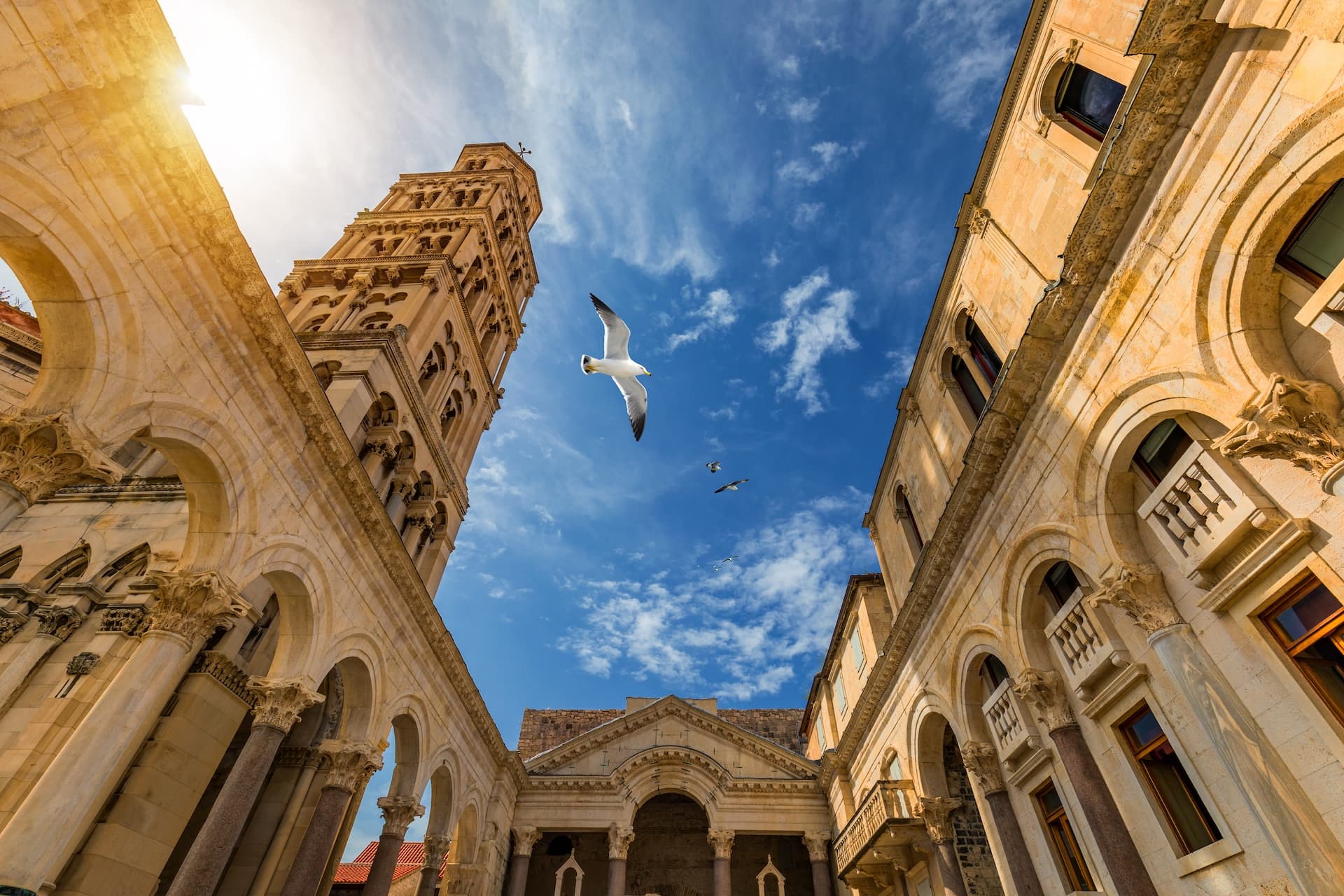 Bell tower and stone arches of Diocletian's Palace with seagulls flying against a bright blue sky.