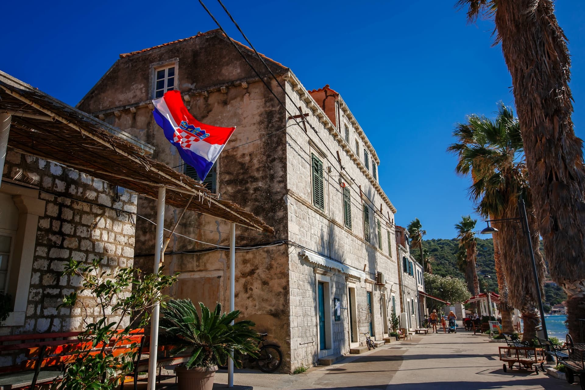 Stone buildings with Croatian flag line a seaside promenade with palm trees in Lopud Village.